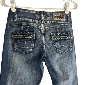 Gogo Star Women's Blue Denim Jeans Embellished Pockets Button Fly Slim Fit